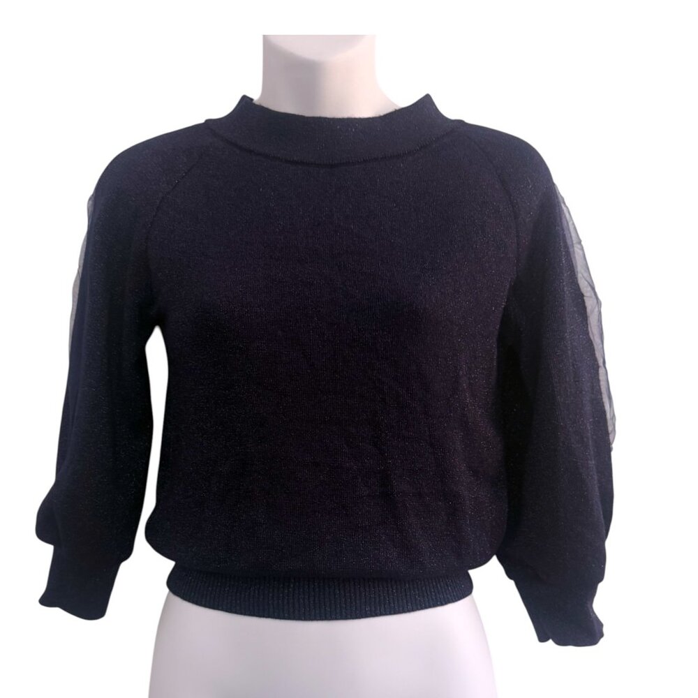 Midnight Blue Sparkle Knit Sheer Sleeve Top NWT | S - Picture 3 of 9